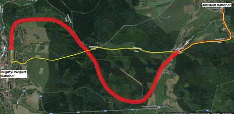 Karte mit Darstellung der Wanderroute von Jöhstadt auf den Spuren der geplanten Streckenerweiterung bis nach Vejprty (Weipert).