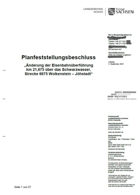 Titelseite zum Planfeststellungsbeschluss der Landesdirektion Sachsen.