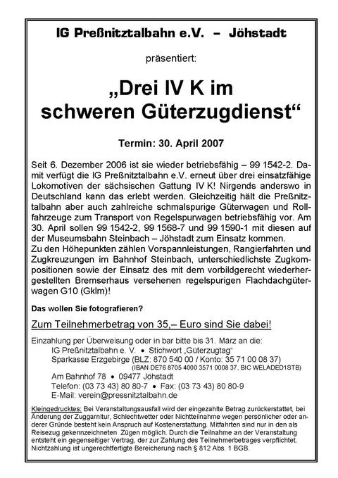 Veranstaltungsankündigung Fotogüterzugveranstaltung „3 IV K´s im schweren Güterzugdienst“