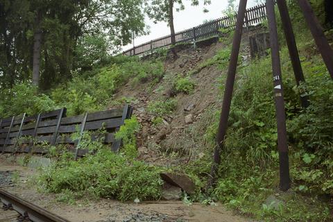 Hangrutschung am Haltepunkt Wildbach, der Sicherungsverbau hat einen großen Teil des abrutschenden Materials gehalten.