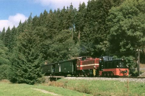 199 009 der Preßnitztalbahn und 199 013 der SOEG ziehen gemeinsam kurz vor dem Hp. Forellenhof ihren Zug Richtung Jöhstadt.