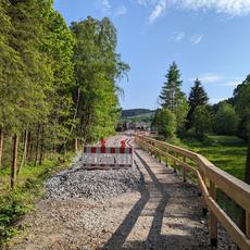 Blick von der Preßnitzbrücke auf das nördliche Gleisende des Bahnhofes Oberschmiedeberg.