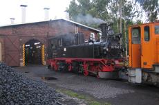 11.6.2009. 99 1542-2 wird in Vorbereitung des Festivals auf der Döllnitzbahn vor dem Mügelner Lokschuppen angeheizt. Davor eine alte Bekannte - die ehemalige Ns4 199 008 aus Wilischthal. Foto: Steffen Buhler